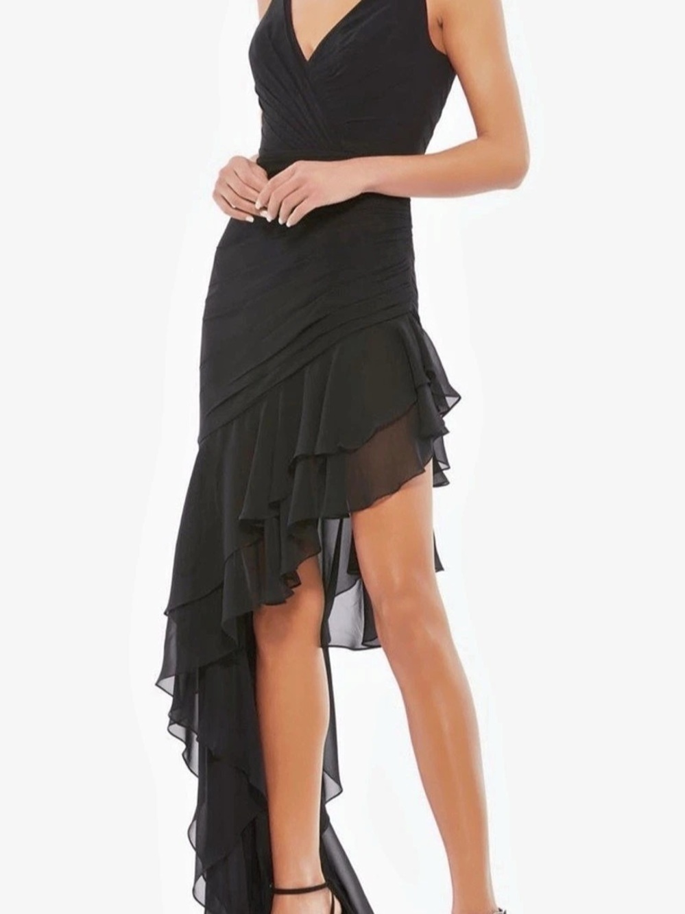 NWT Mac Duggal V-Neck Ruffled High-Low Taffeta Evening Gown Dress Black Size 4